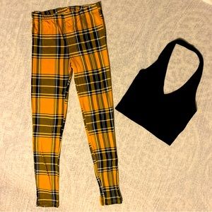 NEW Yellow Plaid Leggings & Black Halter Bundle